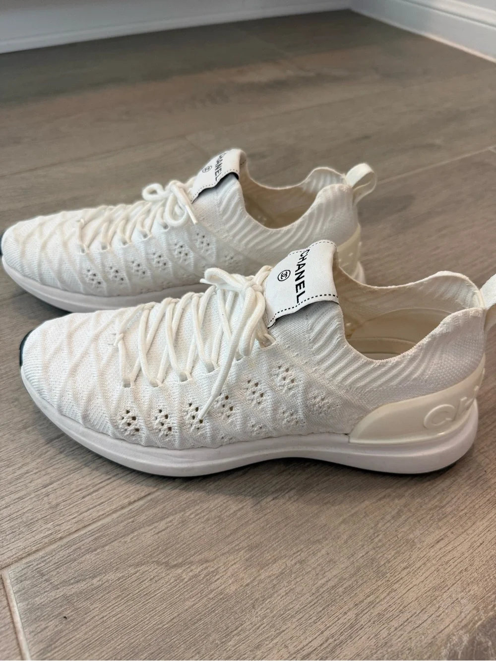 Chanel Women’s White Knit Lace-Up Sneakers